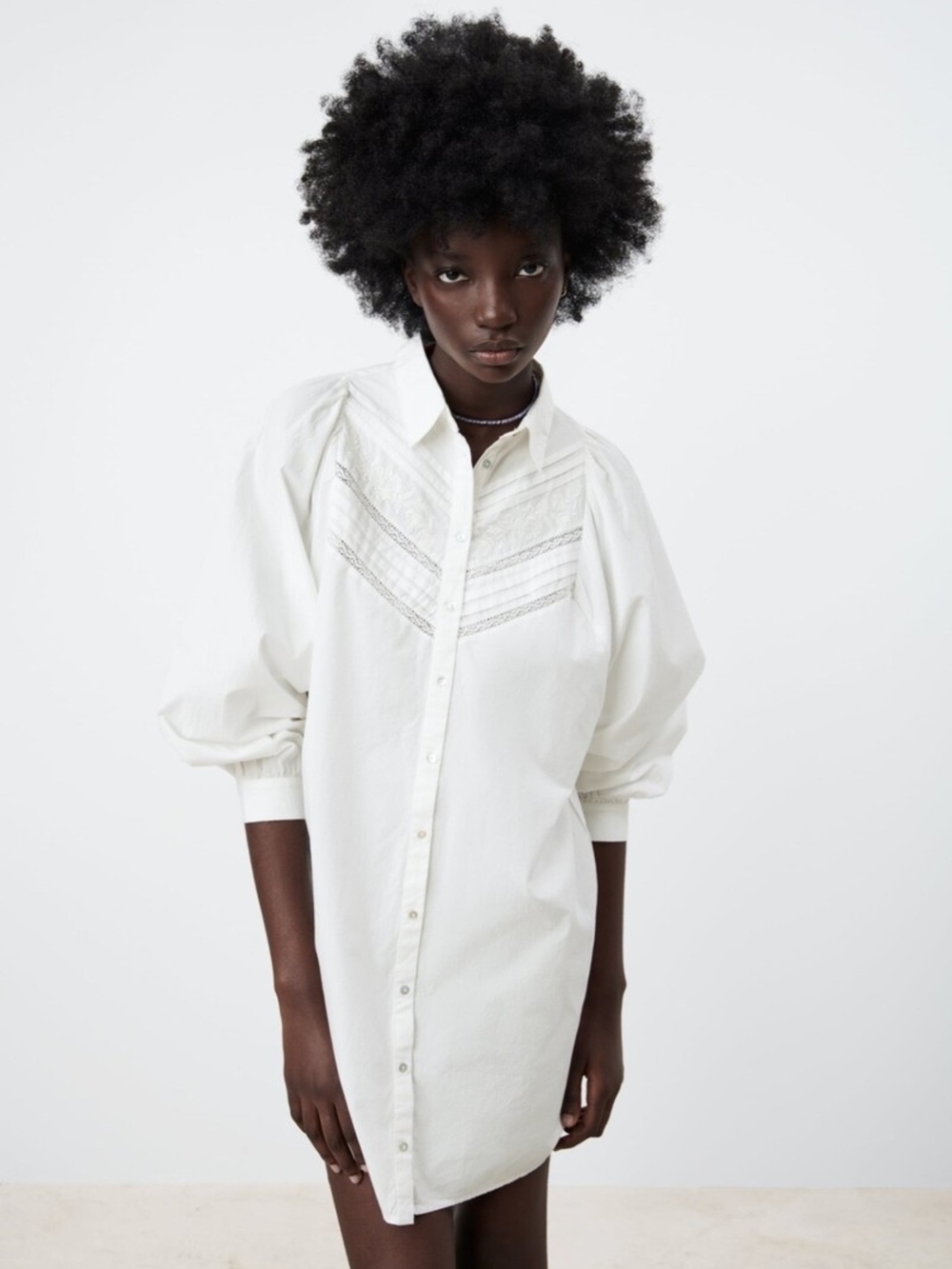 Zara White Lace-Trim Shirt Mini Dress